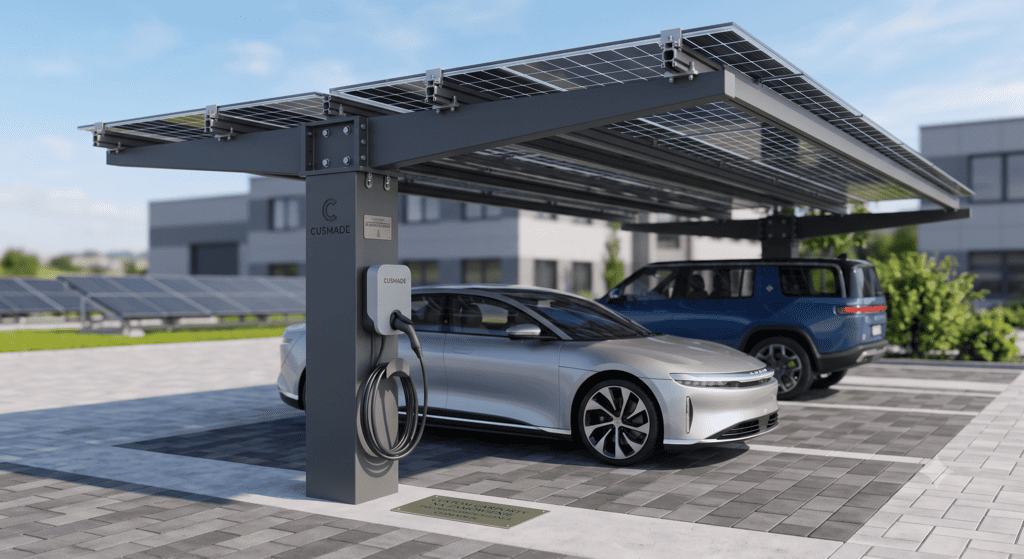 Indywidualnie projektowane i produkowane konstrukcje carportów fotowoltaicznych dopasowane do konkretnych wymagań i wymiarów działki.